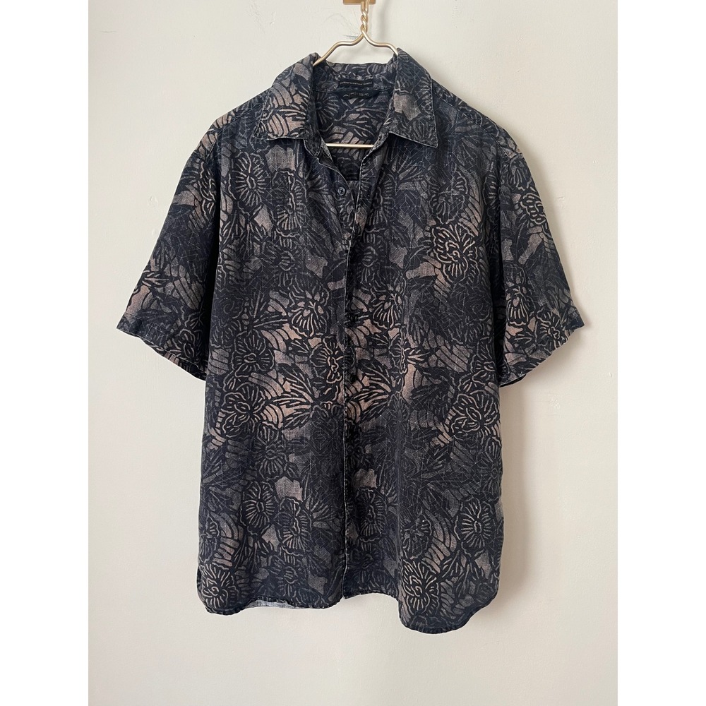 Axist Mens Large Wave Washed Linen Shirt Short Sleeve Floral Batik Grey Tan L